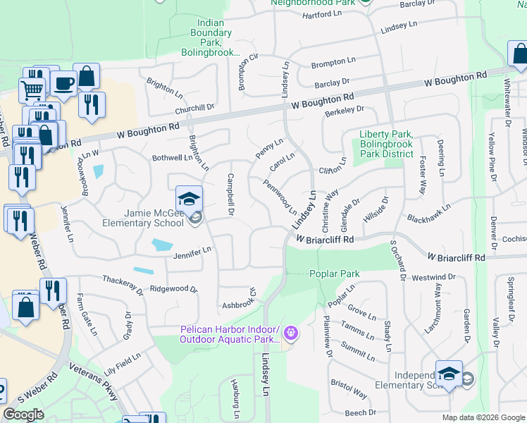 map of restaurants, bars, coffee shops, grocery stores, and more near 163 Penny Lane in Bolingbrook