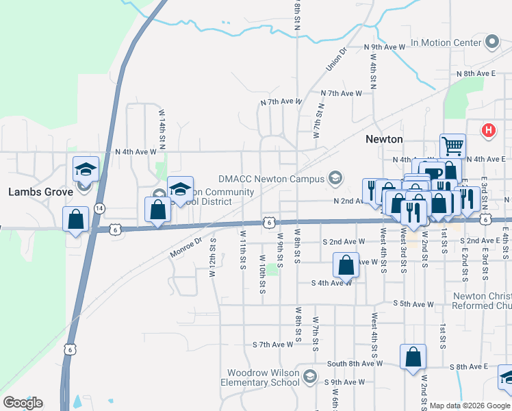 map of restaurants, bars, coffee shops, grocery stores, and more near 114 West 11th Street North in Newton