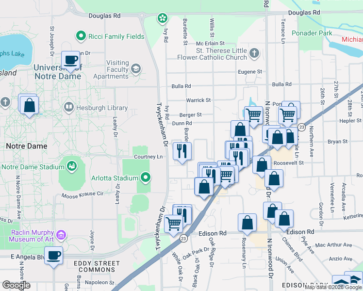 map of restaurants, bars, coffee shops, grocery stores, and more near 18415 Tulla Court in South Bend