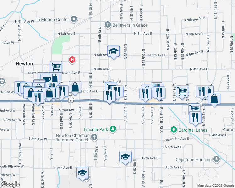 map of restaurants, bars, coffee shops, grocery stores, and more near 715 North 2nd Avenue East in Newton