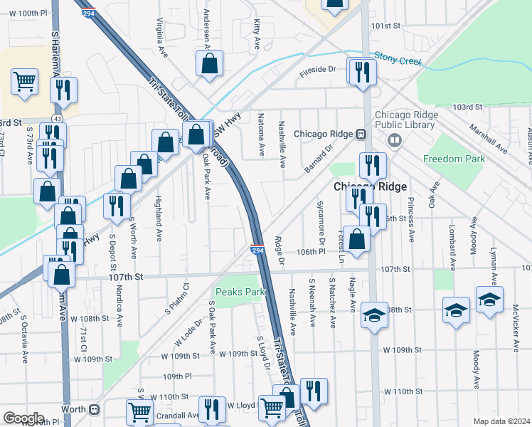 map of restaurants, bars, coffee shops, grocery stores, and more near 10446 Natoma Avenue in Chicago Ridge