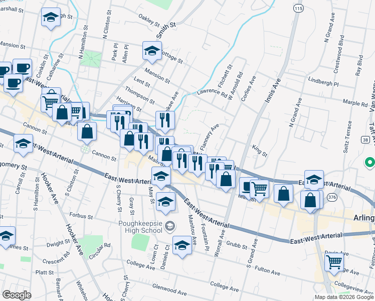 map of restaurants, bars, coffee shops, grocery stores, and more near 20 Maple Street in Poughkeepsie