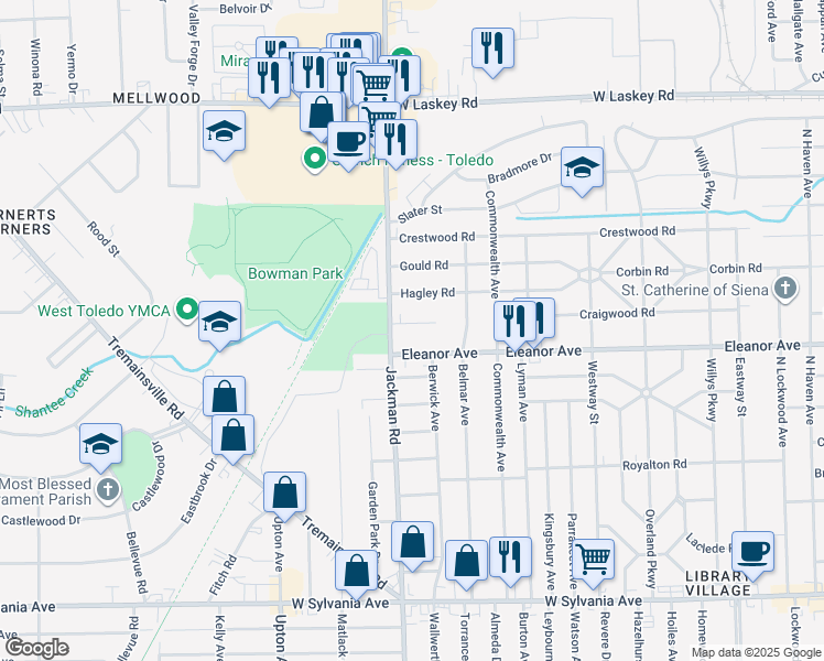 map of restaurants, bars, coffee shops, grocery stores, and more near 1657 Stanbery Court in Toledo
