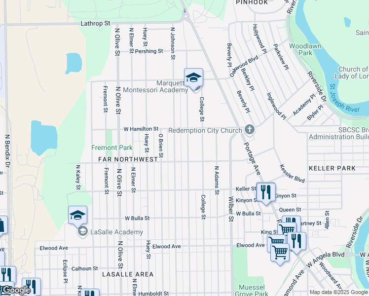 map of restaurants, bars, coffee shops, grocery stores, and more near 1829 North Brookfield Street in South Bend