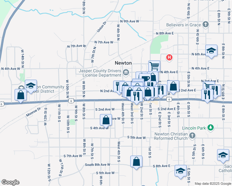 map of restaurants, bars, coffee shops, grocery stores, and more near 421 North 2nd Avenue West in Newton