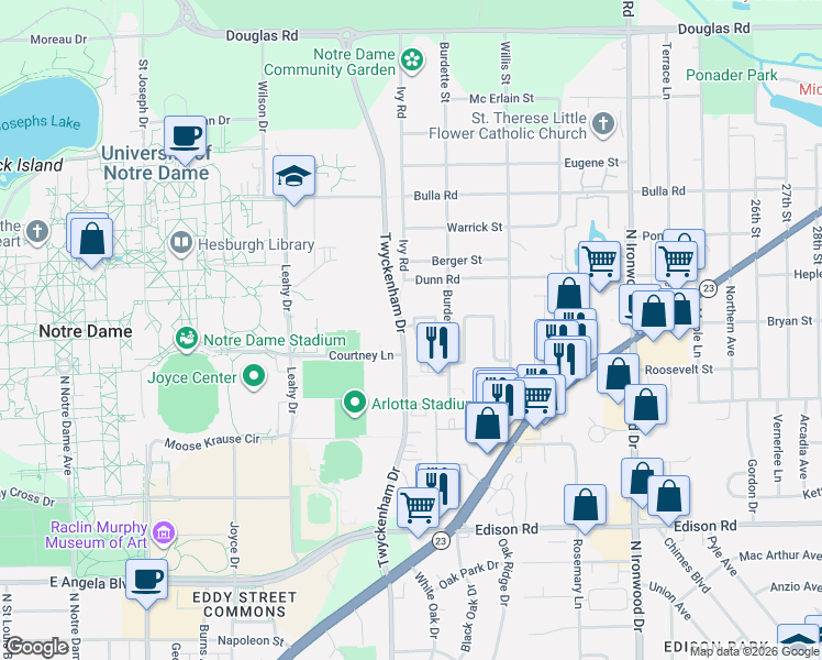 map of restaurants, bars, coffee shops, grocery stores, and more near 18415 Tulla Court in South Bend