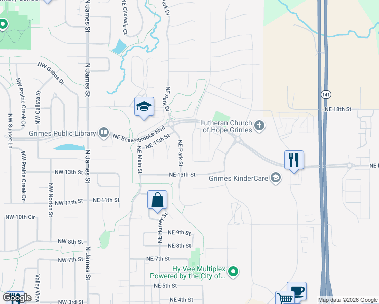 map of restaurants, bars, coffee shops, grocery stores, and more near 1410 Northeast Little Beaver Drive in Grimes