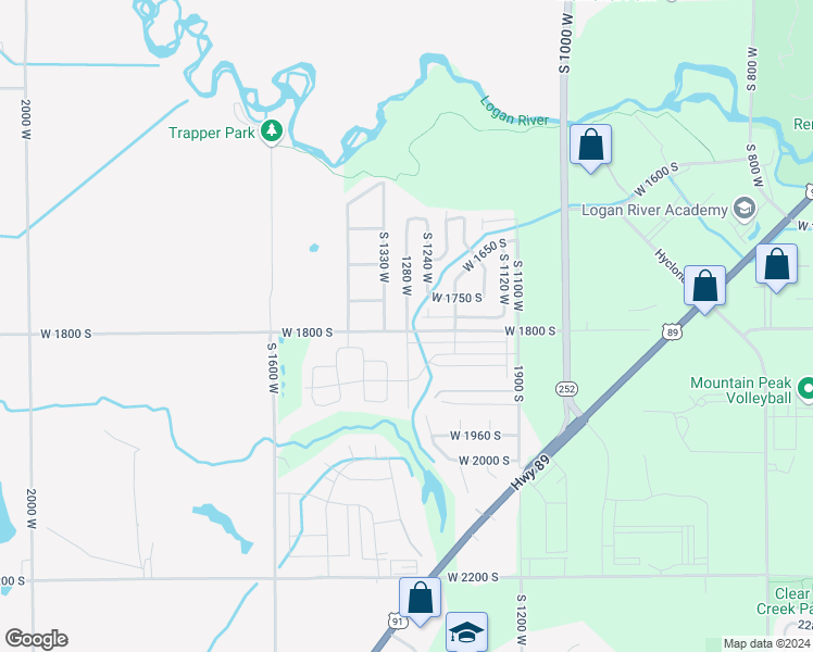 map of restaurants, bars, coffee shops, grocery stores, and more near 1809 South 1280 West in Logan