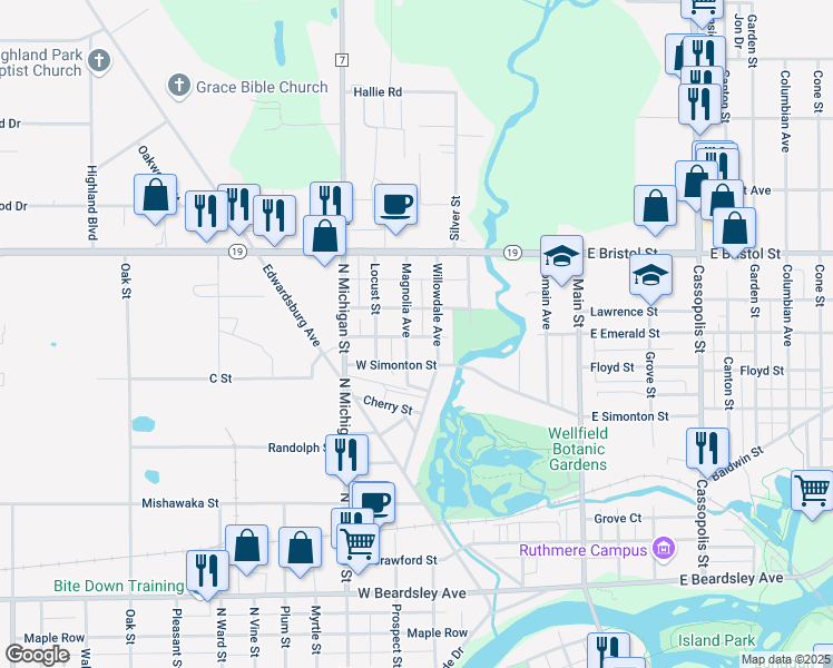 map of restaurants, bars, coffee shops, grocery stores, and more near 1300 Magnolia Avenue in Elkhart