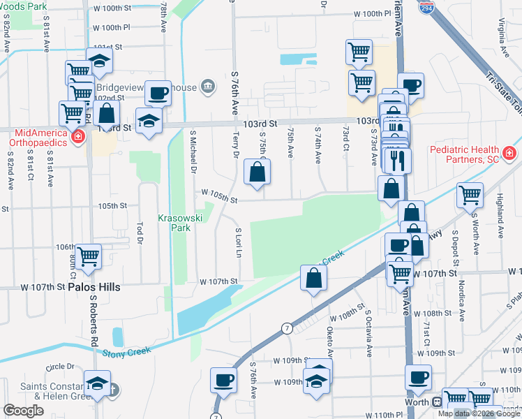 map of restaurants, bars, coffee shops, grocery stores, and more near 7555 105th Street in Palos Hills
