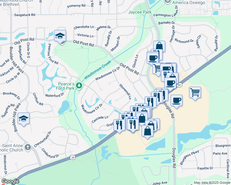 map of restaurants, bars, coffee shops, grocery stores, and more near 308 Stoneleigh Lane in Oswego