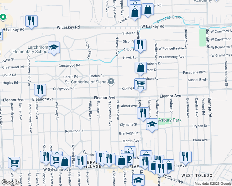 map of restaurants, bars, coffee shops, grocery stores, and more near 4515 North Haven Avenue in Toledo