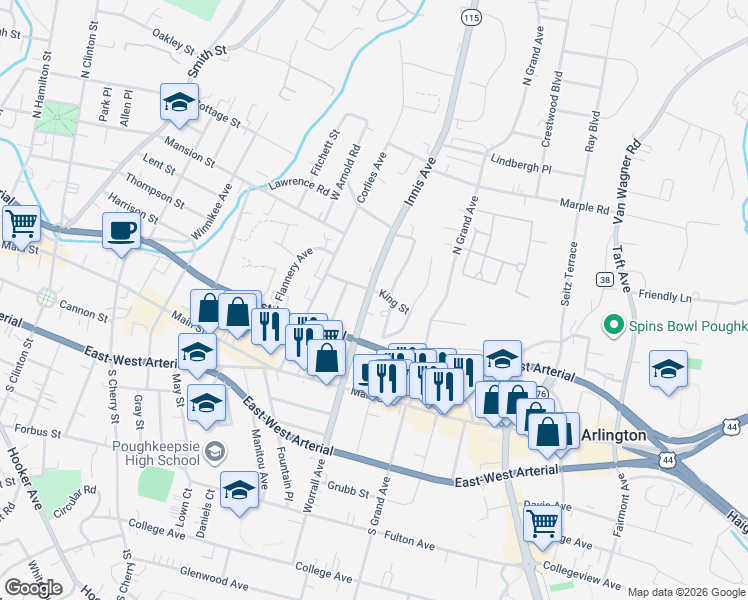 map of restaurants, bars, coffee shops, grocery stores, and more near 20 Radcliffe Road in Poughkeepsie