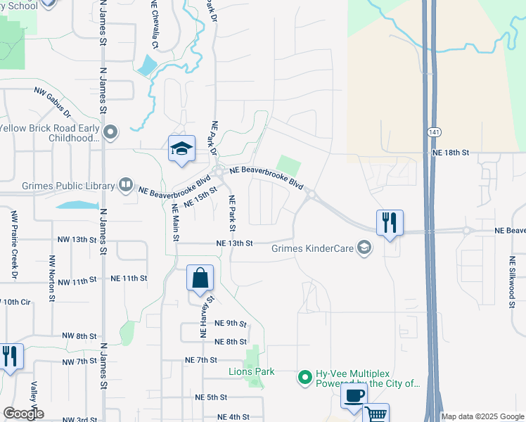 map of restaurants, bars, coffee shops, grocery stores, and more near 1407 Northeast Polk Drive in Grimes