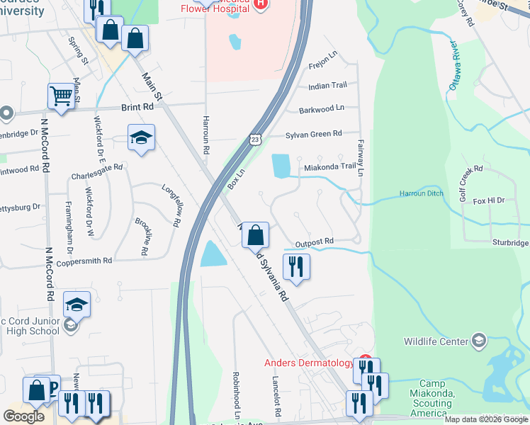 map of restaurants, bars, coffee shops, grocery stores, and more near 6151 Outpost Road in Sylvania