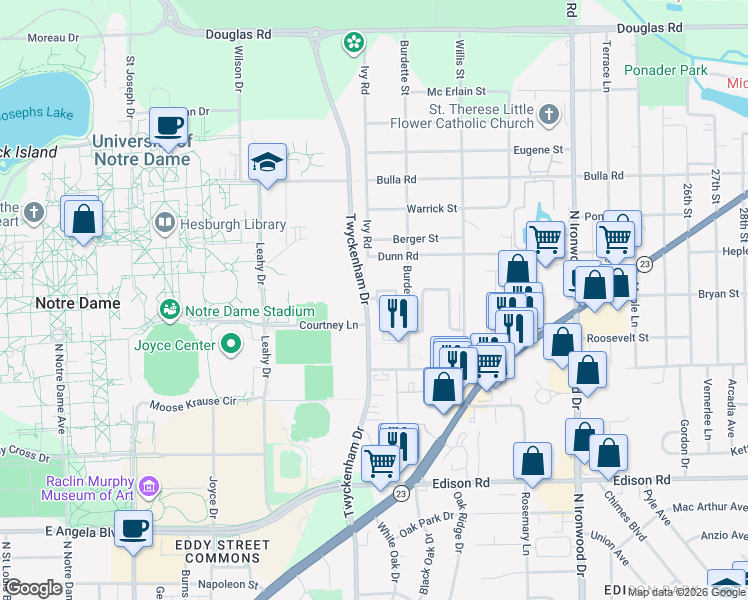 map of restaurants, bars, coffee shops, grocery stores, and more near 18415 Tulla Court in South Bend
