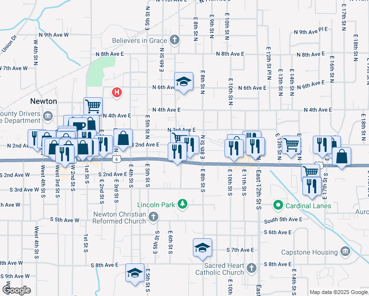 map of restaurants, bars, coffee shops, grocery stores, and more near 715 North 2nd Avenue East in Newton