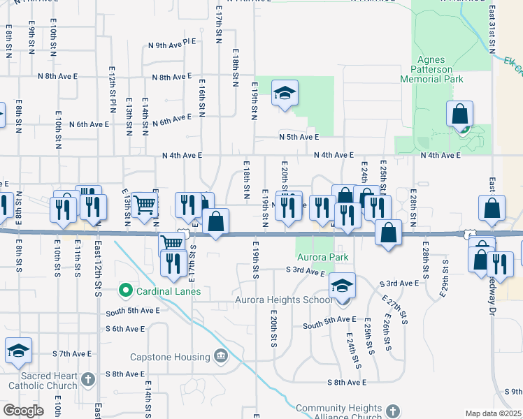 map of restaurants, bars, coffee shops, grocery stores, and more near 1807 North 2nd Avenue East in Newton