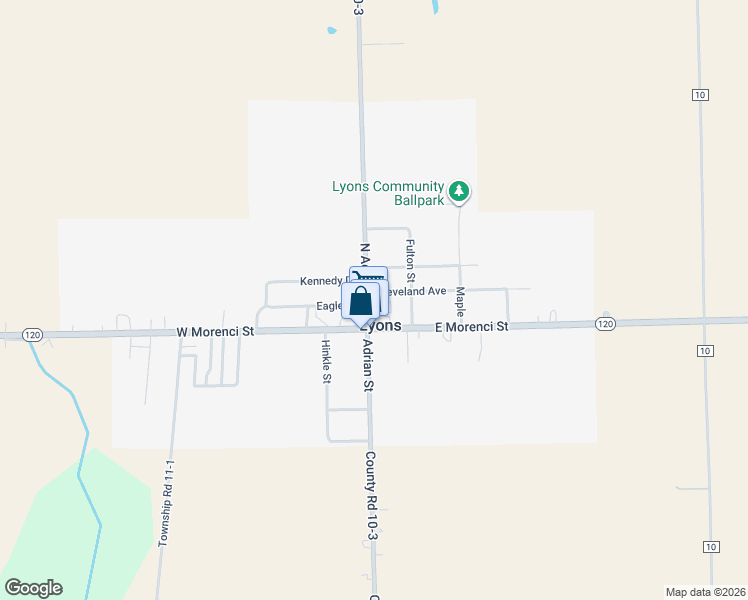 map of restaurants, bars, coffee shops, grocery stores, and more near 206 North Adrian Street in Lyons