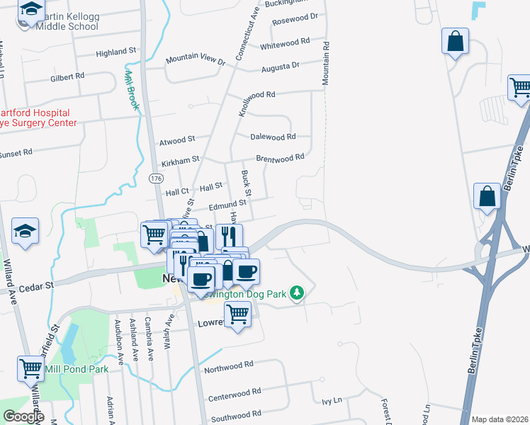 map of restaurants, bars, coffee shops, grocery stores, and more near 2 Buck Street in Newington