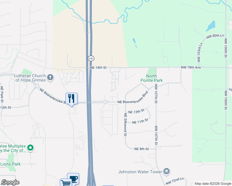 map of restaurants, bars, coffee shops, grocery stores, and more near 1521 Mocking Bird Lane in Grimes