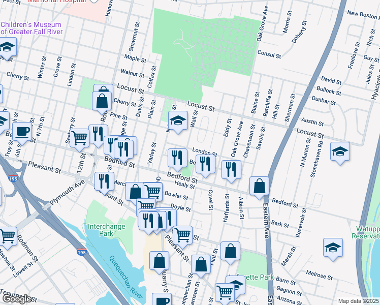 map of restaurants, bars, coffee shops, grocery stores, and more near 124 Beattie Street in Fall River