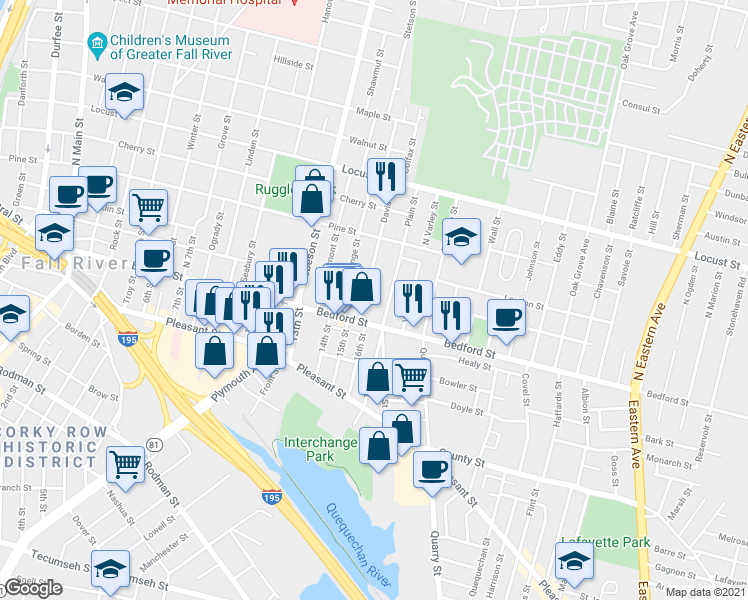 map of restaurants, bars, coffee shops, grocery stores, and more near 732 Bedford Street in Fall River