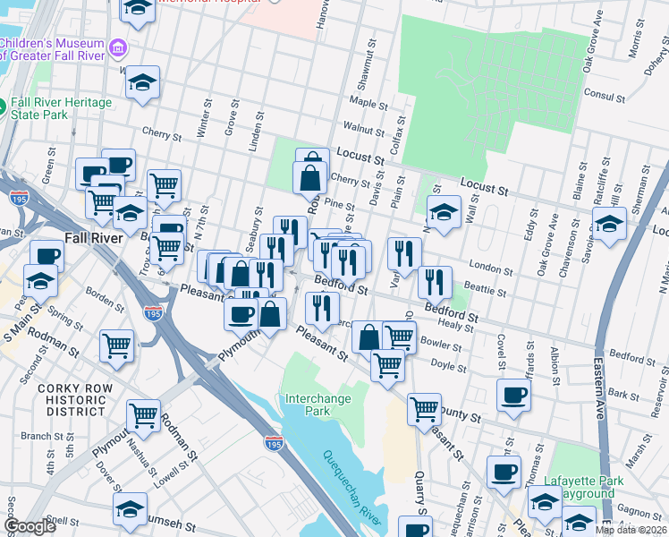 map of restaurants, bars, coffee shops, grocery stores, and more near 656 Bedford Street in Fall River