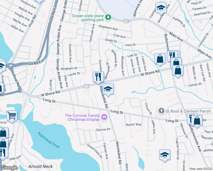 map of restaurants, bars, coffee shops, grocery stores, and more near 15 Dunbar Court in Warwick