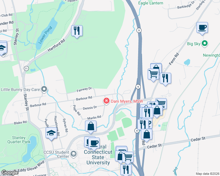 map of restaurants, bars, coffee shops, grocery stores, and more near 340 Barbour Road in New Britain