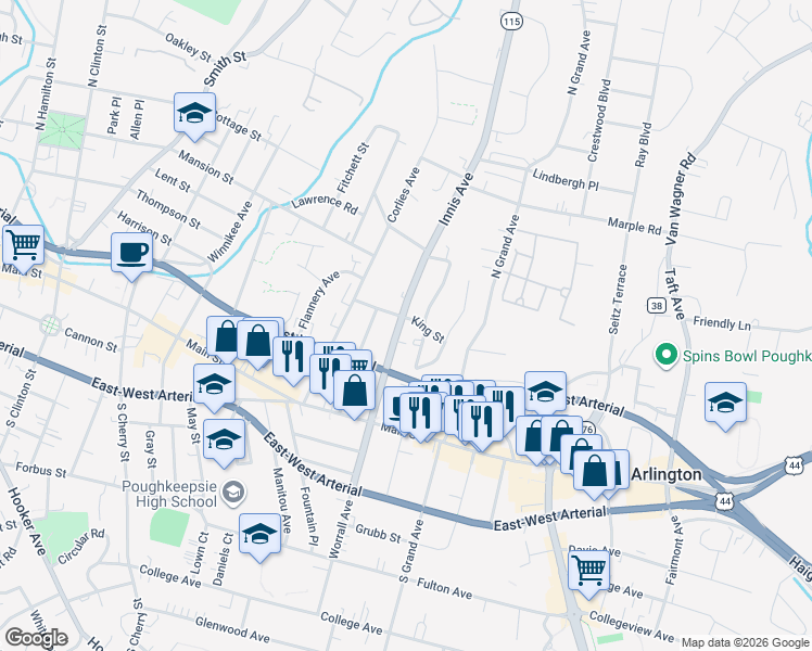 map of restaurants, bars, coffee shops, grocery stores, and more near 20 Radcliffe Road in Poughkeepsie