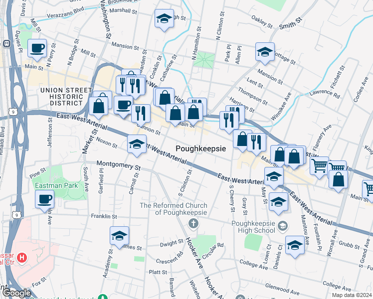 map of restaurants, bars, coffee shops, grocery stores, and more near in Poughkeepsie