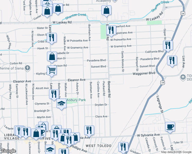 map of restaurants, bars, coffee shops, grocery stores, and more near 625 Eleanor Avenue in Toledo
