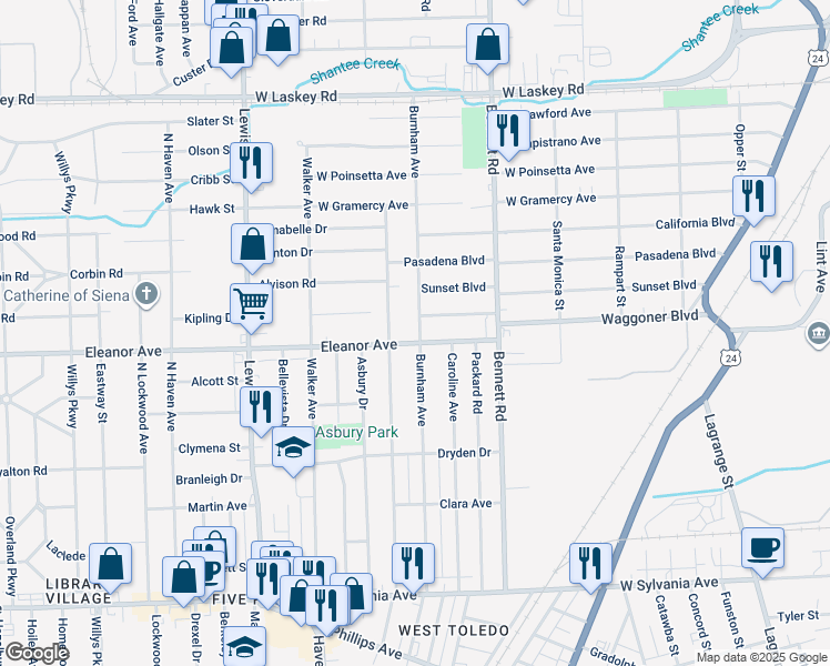 map of restaurants, bars, coffee shops, grocery stores, and more near 625 Eleanor Avenue in Toledo