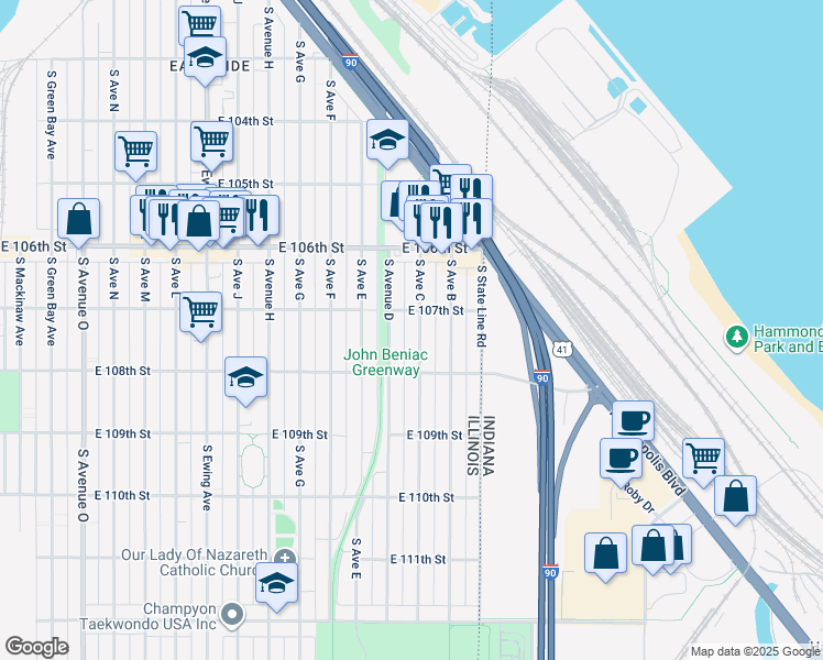 map of restaurants, bars, coffee shops, grocery stores, and more near 10729 South Avenue D in Chicago
