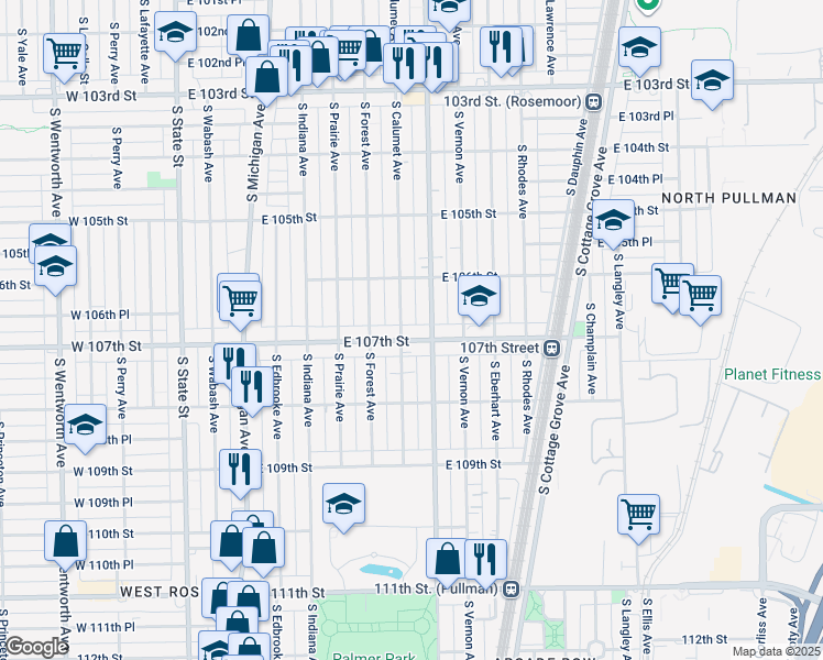 map of restaurants, bars, coffee shops, grocery stores, and more near 325 East 107th Street in Chicago