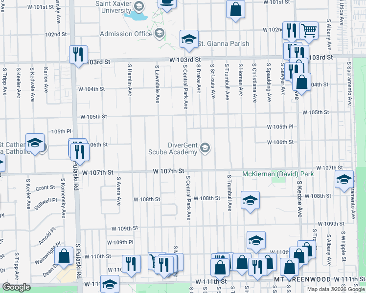 map of restaurants, bars, coffee shops, grocery stores, and more near 10622 Central Park Avenue in Chicago