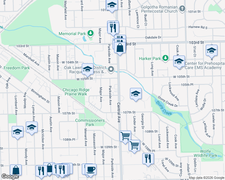 map of restaurants, bars, coffee shops, grocery stores, and more near 10555 Parkside Avenue in Chicago Ridge