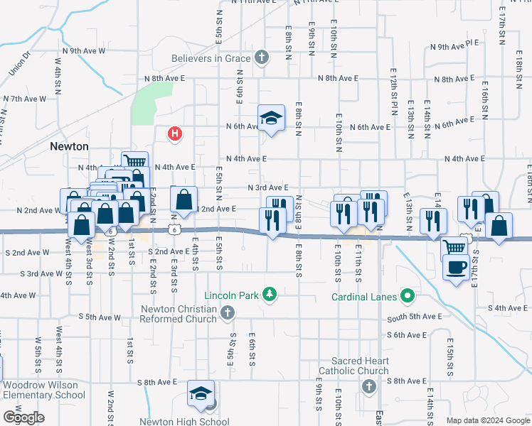 map of restaurants, bars, coffee shops, grocery stores, and more near 715 North 2nd Avenue East in Newton