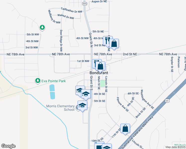 map of restaurants, bars, coffee shops, grocery stores, and more near 104 Grant Street South in Bondurant