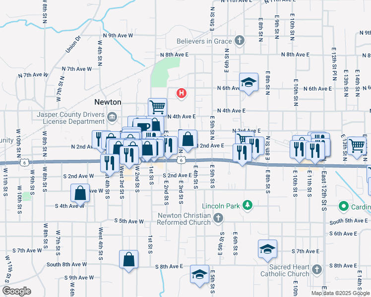 map of restaurants, bars, coffee shops, grocery stores, and more near 301 North 2nd Avenue East in Newton