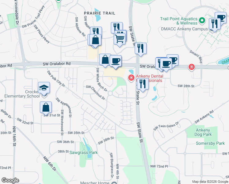 map of restaurants, bars, coffee shops, grocery stores, and more near 3003 Southwest White Birch Drive in Ankeny