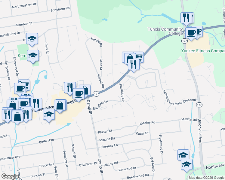map of restaurants, bars, coffee shops, grocery stores, and more near 377 Scott Swamp Road in Farmington