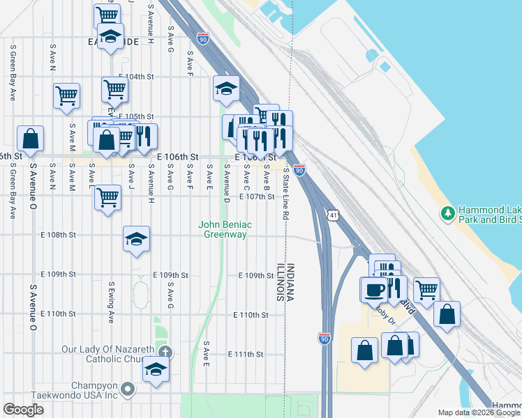 map of restaurants, bars, coffee shops, grocery stores, and more near 10733 South Avenue C in Chicago