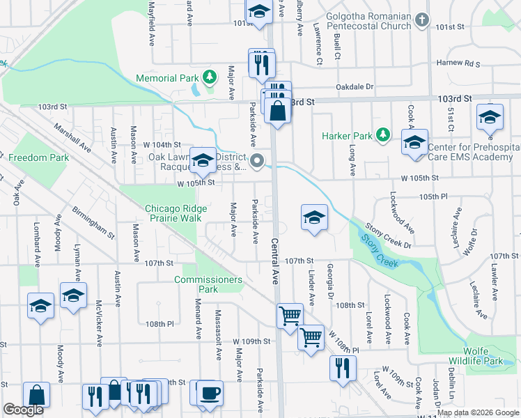 map of restaurants, bars, coffee shops, grocery stores, and more near 10555 Parkside Avenue in Chicago Ridge