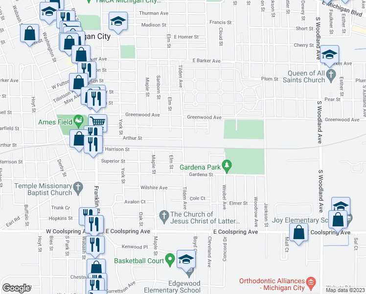map of restaurants, bars, coffee shops, grocery stores, and more near 2188 Tilden Avenue in Michigan City