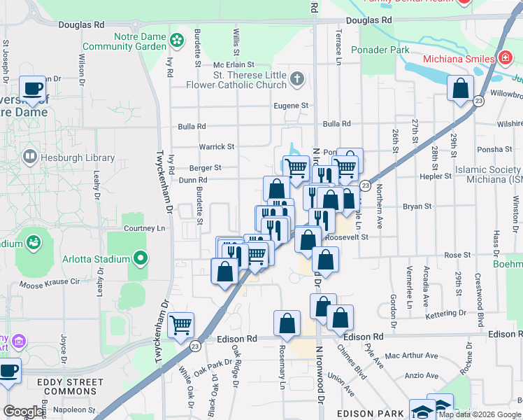 map of restaurants, bars, coffee shops, grocery stores, and more near 1768 Irish Way in South Bend