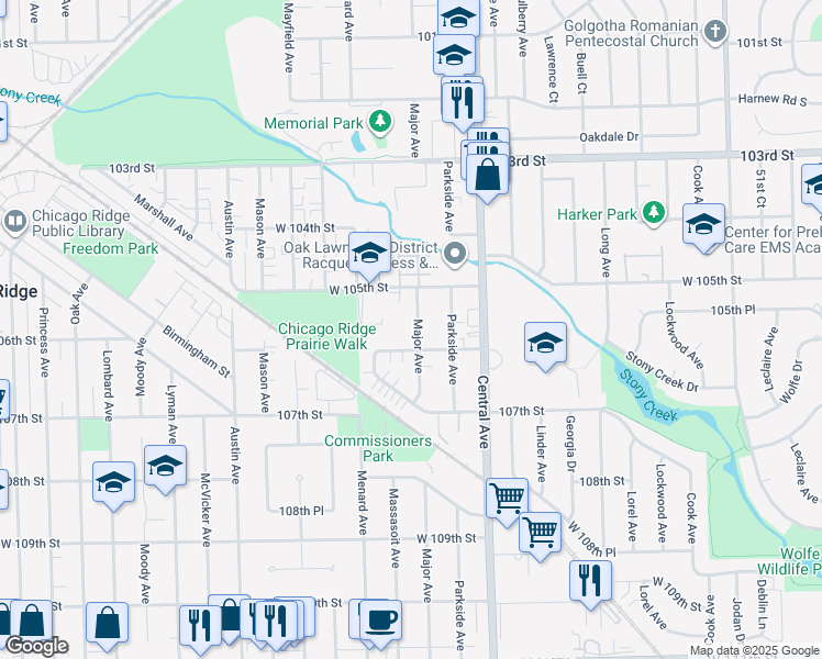 map of restaurants, bars, coffee shops, grocery stores, and more near 10530 Major Avenue in Chicago Ridge