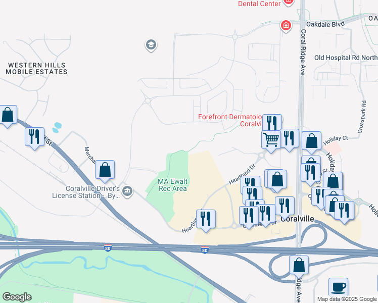 map of restaurants, bars, coffee shops, grocery stores, and more near Ewalt Trail in Coralville