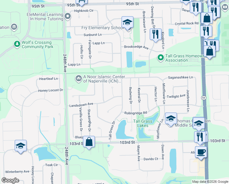 map of restaurants, bars, coffee shops, grocery stores, and more near 3416 Sunnyside Court in Naperville